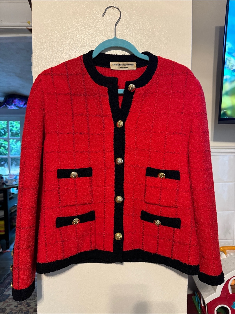 Vintage THE KNIT COUTURE NEW YORK Red Knit Jacket with Black Trim & Gold Buttons